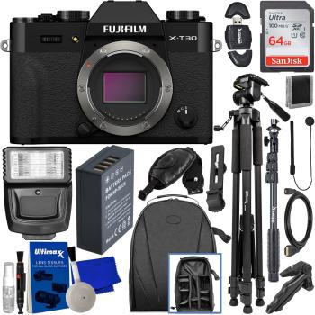 FUJIFILM X-T30 II Mirrorless Camera (Black - Body Only) + SanDisk 64GB Ultra SDXC Spare Battery 48” Monopod Lightweight 60” Tripod Digital Flash Water-Resistant Backpack & Much More (22pc Bundle)